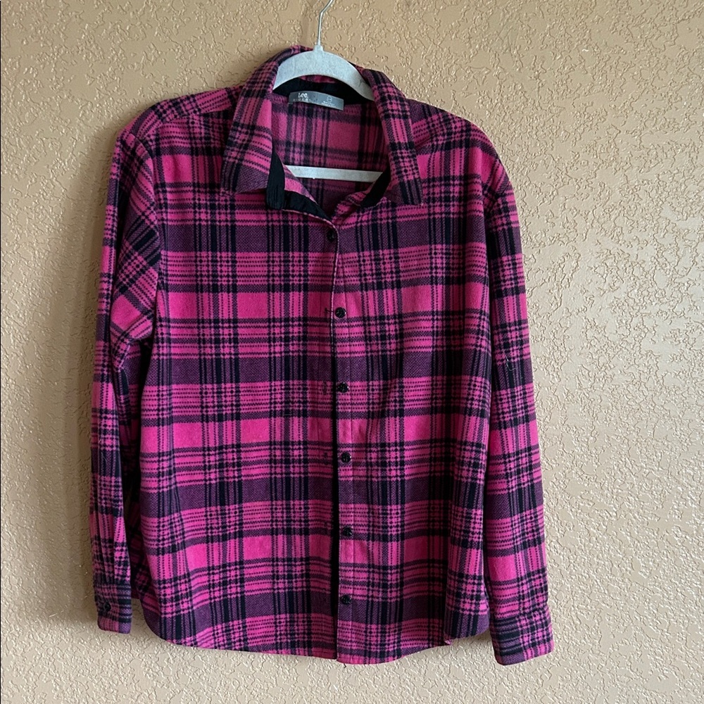 Lee Women's Pink and Black Plaid Button Down Shirt